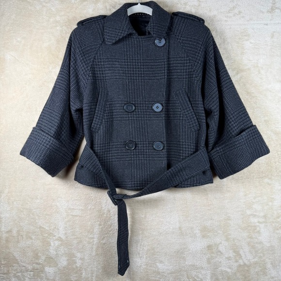 Theory Jackets & Blazers - Theory Quinn Shan Grey Houndstooth Wool Cashmere Belted Cropped Peacoat Jacket S